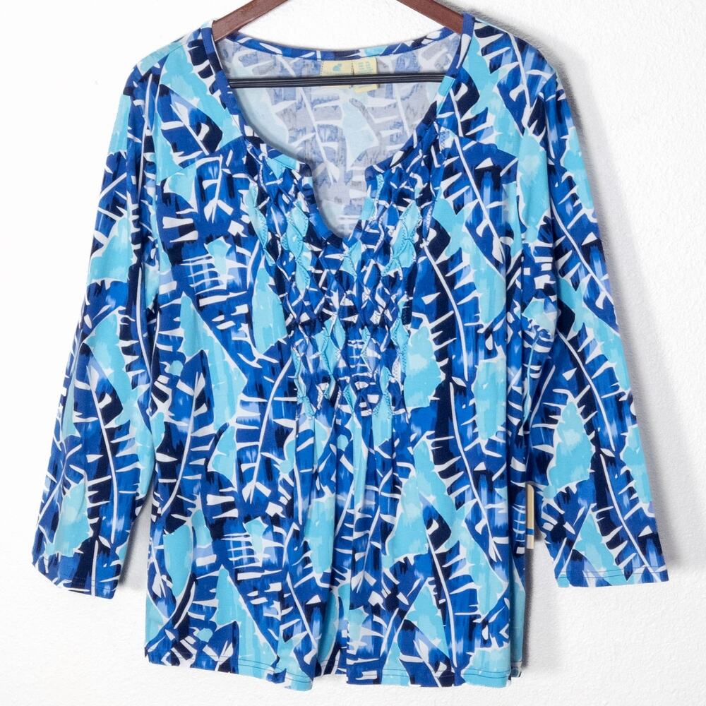 Caribbean Joe Top XL Blue Leaf Print Gathered Neck Coastal Relaxed Fit